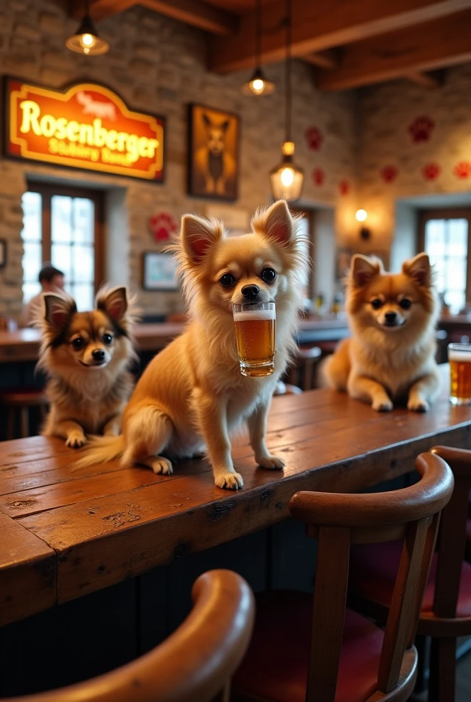 A real looking blonde longhaired Chihuahua drinking beer in a pub with her friends. In the background, a sign with the clearly visible inscription "Rosenberger Stüberl" hangs. 