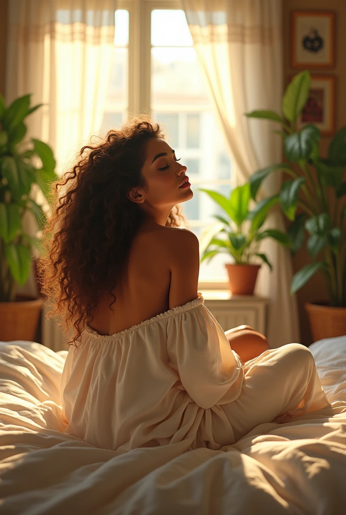 (photorealism:1.2), beautiful woman, sitting on bed, wearing loose off-shoulder top, pajama pants, long curly hair, indoors, soft lighting, plants in background, window with sunlight, cozy room, relaxed pose, realistic, intricate details, warm colors, by Greg Rutkowski, by Alphonse Mucha