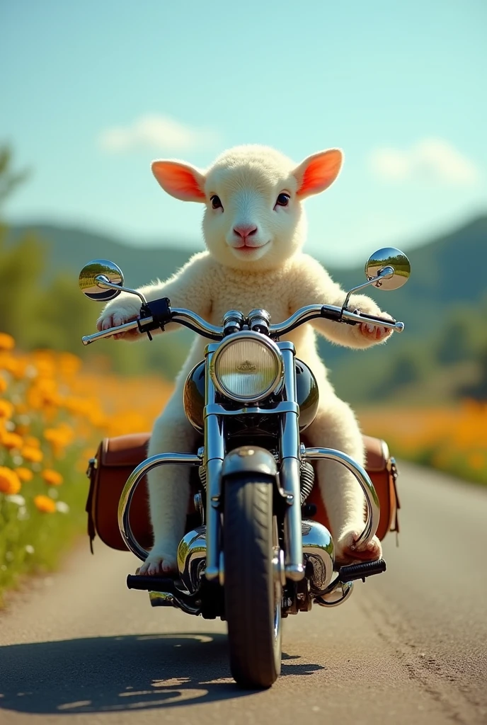 Lamb on a motorcycle, front view