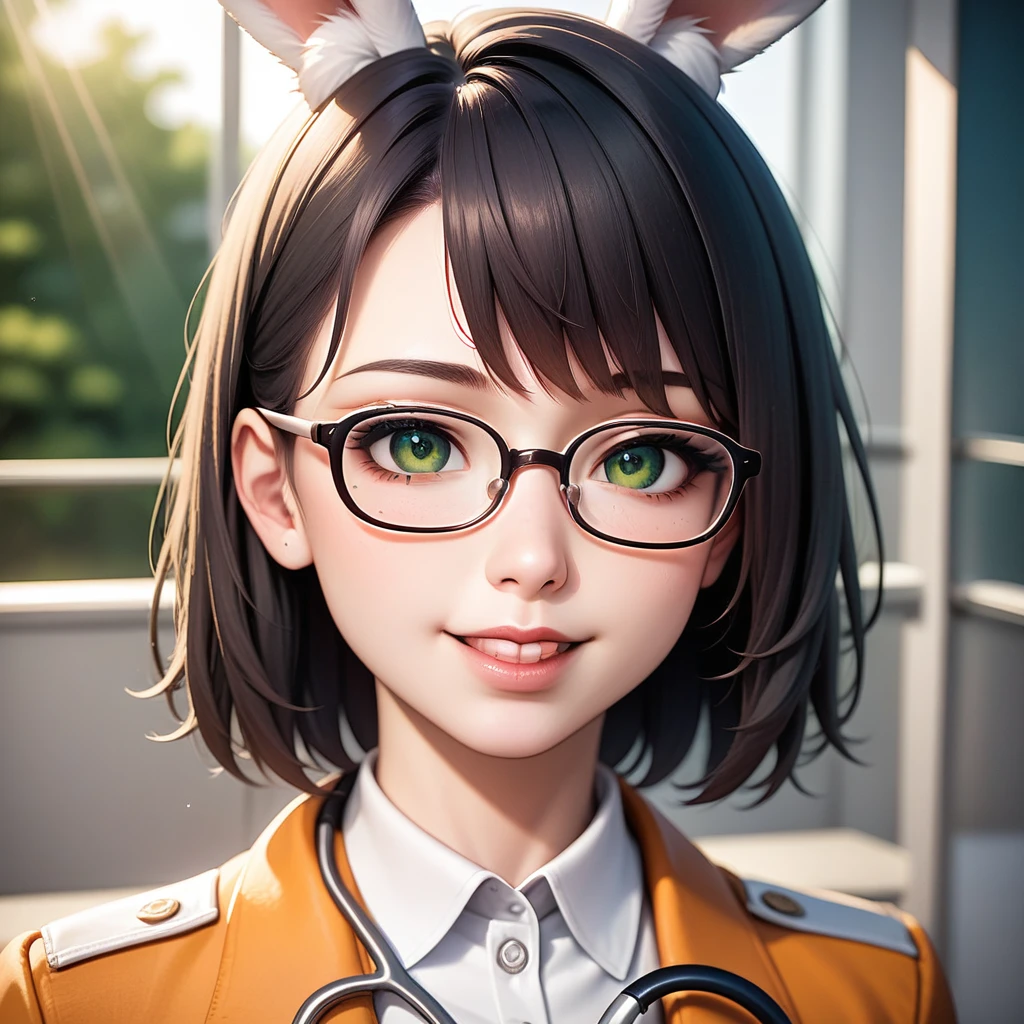 (best quality, irritability ,aesthetic,absurdres),select and generate best screen effect,((1girl,long-deepgreen-hair,green-eyes,orange-hooded-jacket,under-rim-eyewear)),((top quality)),(ultra-detailed), depth of field, cinematic lighting, detailed outfit, rich in details and textures,
Nsfw,(A detailed watercolor style:1.2), Muted Tone, Delicate, Detail, Masterpiece,perfect anatomy,8k,
(intricate:1.2), illustration, light particles, lens flare,(colorful)
Female doctor, rabbit ear, white coat, stethoscope, long black hair,kawaii,cute,beautiful,cool,
Female patient feuds, several rival female doctors,
exhalation,orgasm,
net bodysuit, Net tights,Smiling with shame,
women's struggles over the hospital, seduction from patients, colorful tricks, intrigue, trickery, rabbits,
medical examinations, suspense, tension, hospital wards,
Powerful angles, powerful action, close up, Close-up of the upper body,The expression of orgasm,
(masterpiece:1.2),(best quality:1.2),newest,intricate details, ai-generated,