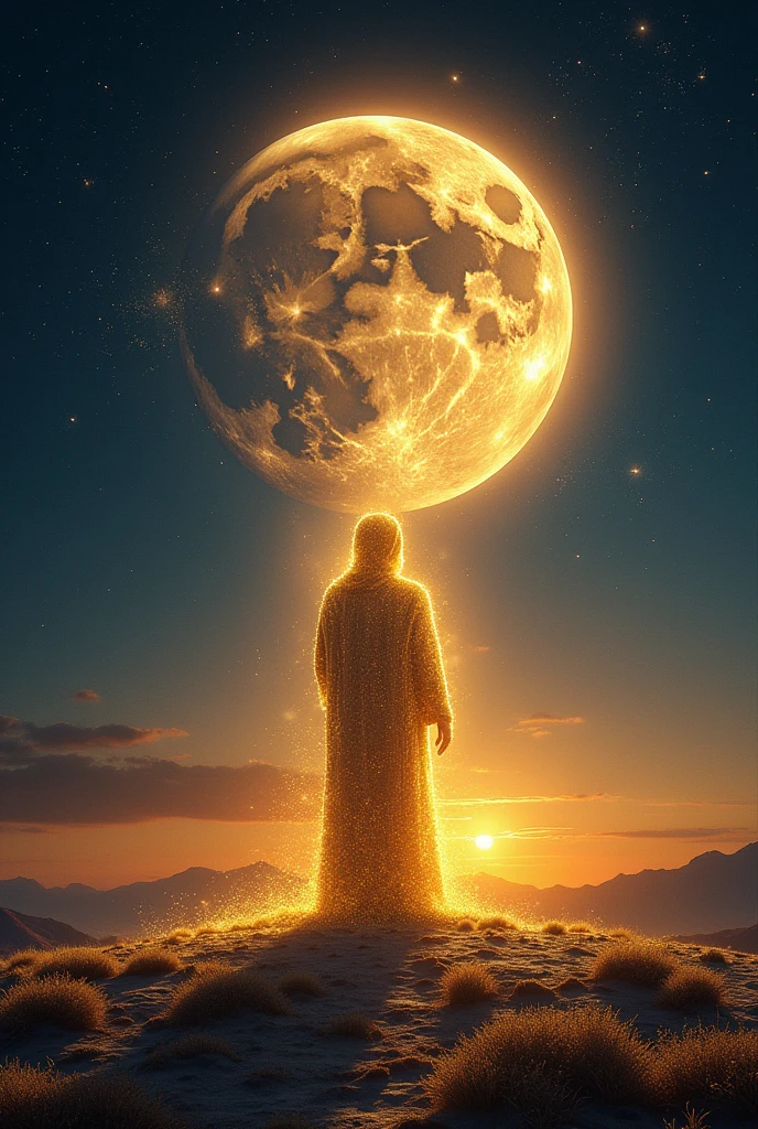 Écrire en majuscule. Ceslesty couleur or
Sur la planète terre et la Lune qui brille fort et le soleil à son zénith