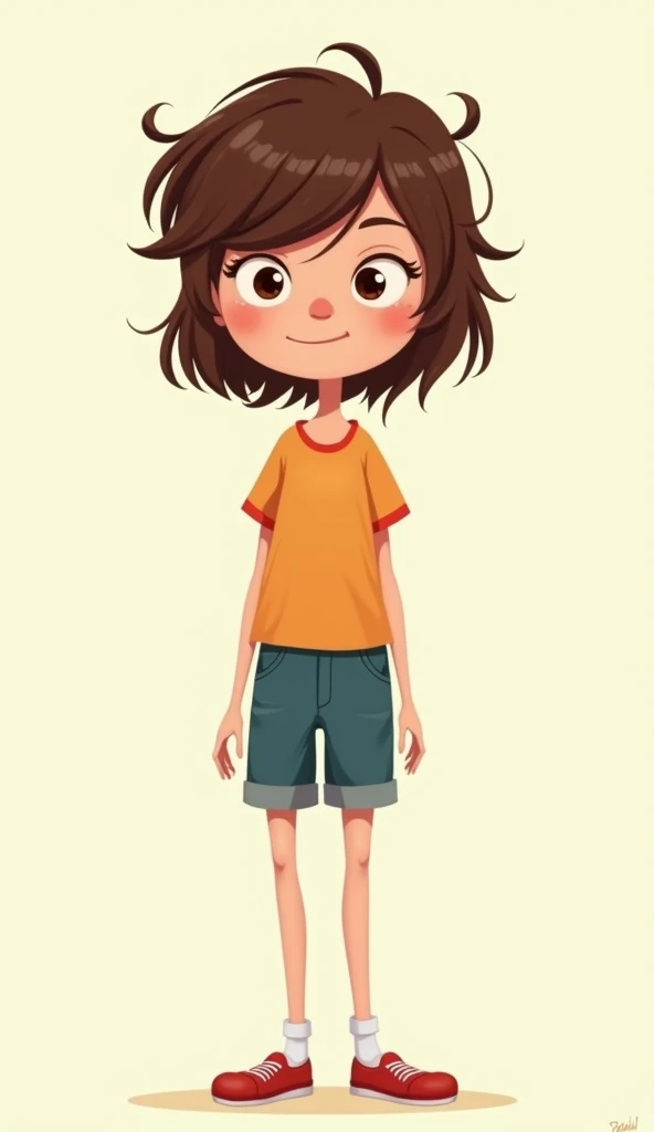 Draw a funny unique character girl. That tells Joke. And she is standing straight. Like a cartoon with lines in a boundary. She has brown short hairs. Brown eyes. And her age is 20.
No expressions on her face or body. She is standing straight.
And the background is plan.
She has a funny character.
So make a simple unique girl character