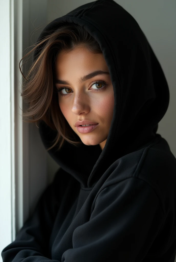 Charli D'Amelio wearing completely black hoodie, full clothing photography, white wall in the background, soft light shining on the clothes, ultra close-up, realistic environment