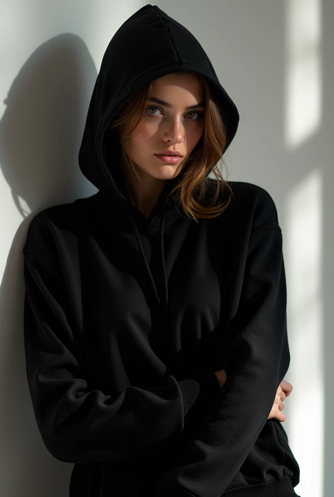 (photorealism:1.2), image noir et blanc,Femme, en jogging couleur, avec une capuche sur la tete et les cheveux long. poitrine moyenne.