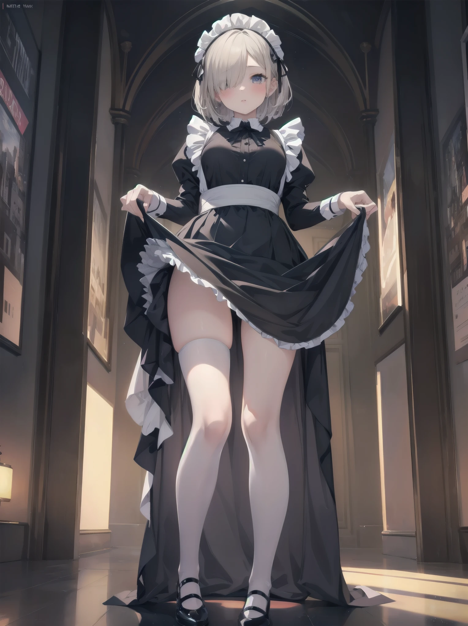 Highly detailed CG Unity 8k wallpaper, Top quality, Highly detailed, Masterpiece, Highly detailed pretty girl, , (((lifting skirt by herself))), (lifting skirt by herself)), dynamic angles, sexy pose, blush, lips apart, looking at audience, half body shot, (crowd), (crowded big city)), hair over one eye, immaculate beauty, less revealing maid outfit, classical maid fashion