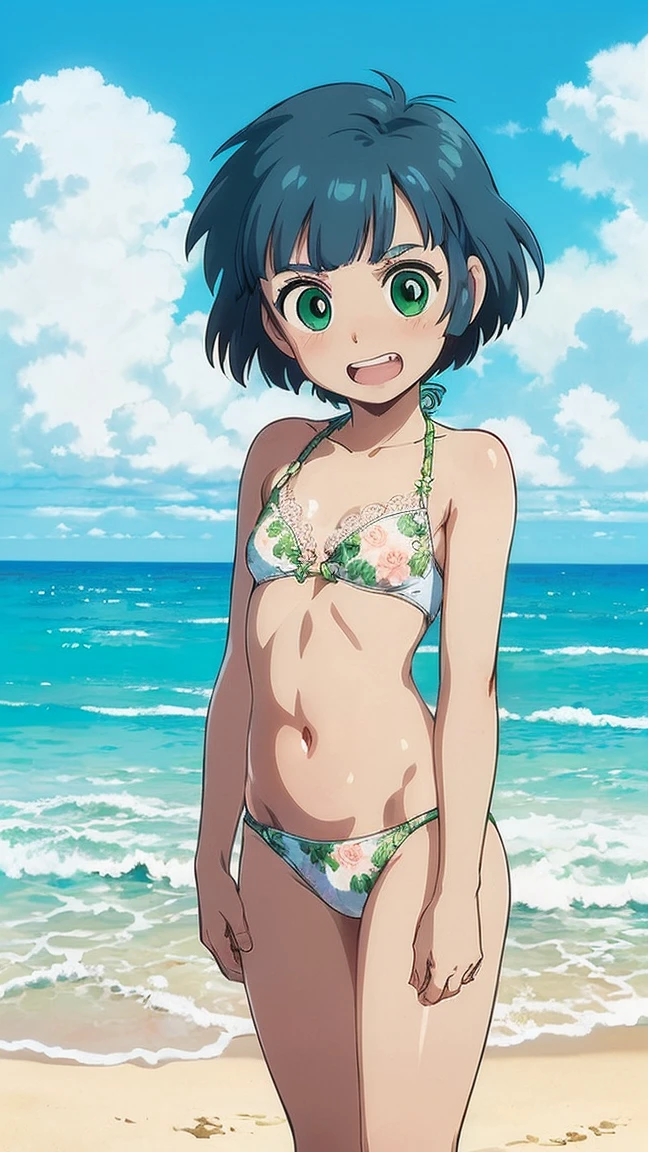 Absurd, Very detailed,Bright colors, Very beautiful and detailed anime faces and eyes, View from the front, ;teeth, Shiny_skin,ppgzkor, ((White bikini with green floral sheer lace and floral pattern:1.1) ,(Very small breasts,:1.1),green eyes, bright pupil, black hair, short hair,  StudioGhibliStyleHMC, Beautiful Clouds, beach,