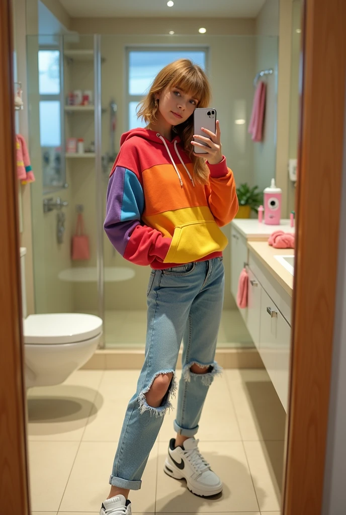 Realistic photo of a ager wearing shopping clothes taking a selfie in the bathroom mirror