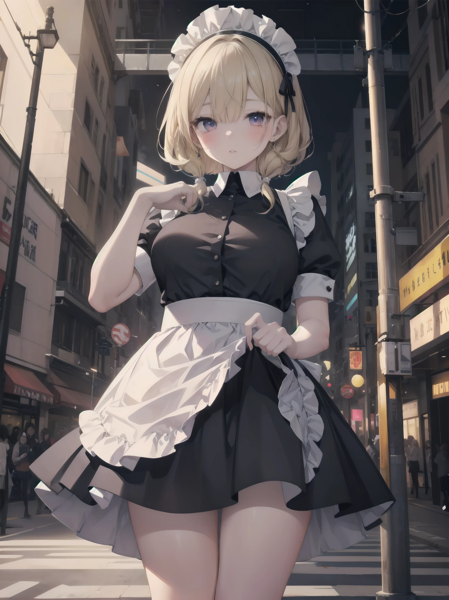 Highly detailed CG Unity 8k wallpaper, Top quality, Highly detailed, Masterpiece, Highly detailed pretty girl, 8 years old, (((lifting skirt by herself))), (lifting skirt by herself)), dynamic angles, sexy pose, blush, lips apart, looking at audience, half body shot, (crowd), (crowded big city)), hair over one eye, immaculate beauty, less revealing maid outfit, classical maid fashion
