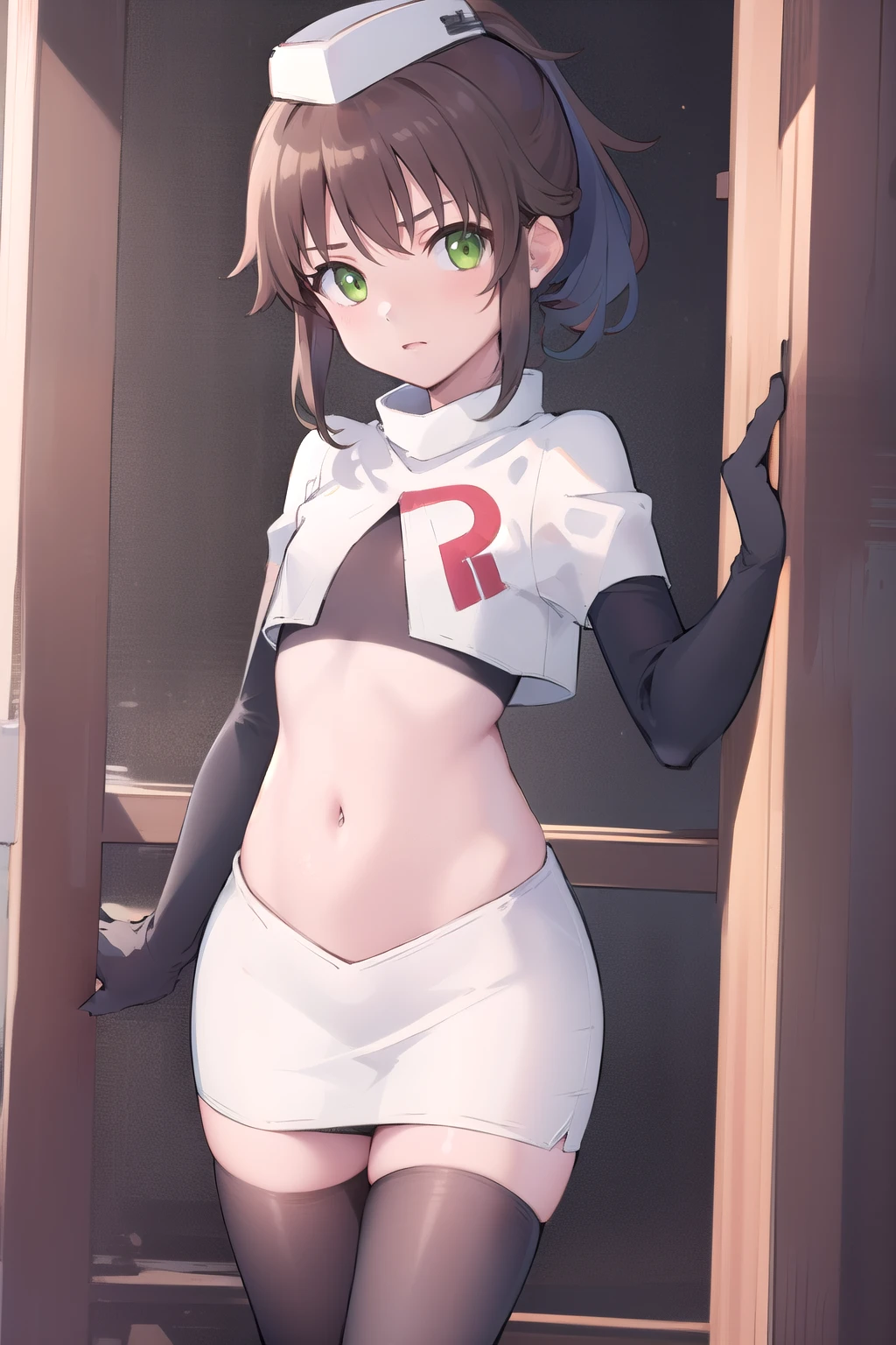 best quality, (masterpiece:1.2), illustration, absurdres,
(1girl), (solo), (beautiful detailed girl),
Towa Herschel, brown hair, ponytail, hair ribbon, green eyes, , small, short, flat chest, small breasts,
white hat, headwear,
team rocket,team rocket uniform,white skirt,red letter R,crop top,black thigh-highs,black elbow gloves,
looking at viewer, 
