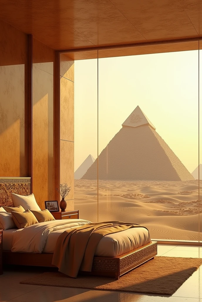 I want an interior design for a square room from the inside, the walls are glass in the shape of a pyramid, and a bed in the Pharaonic style, with interior lighting, a dressing table, and an exterior, something beautiful and modern. A picture from the inside and outside, a desert and small glass pyramids.