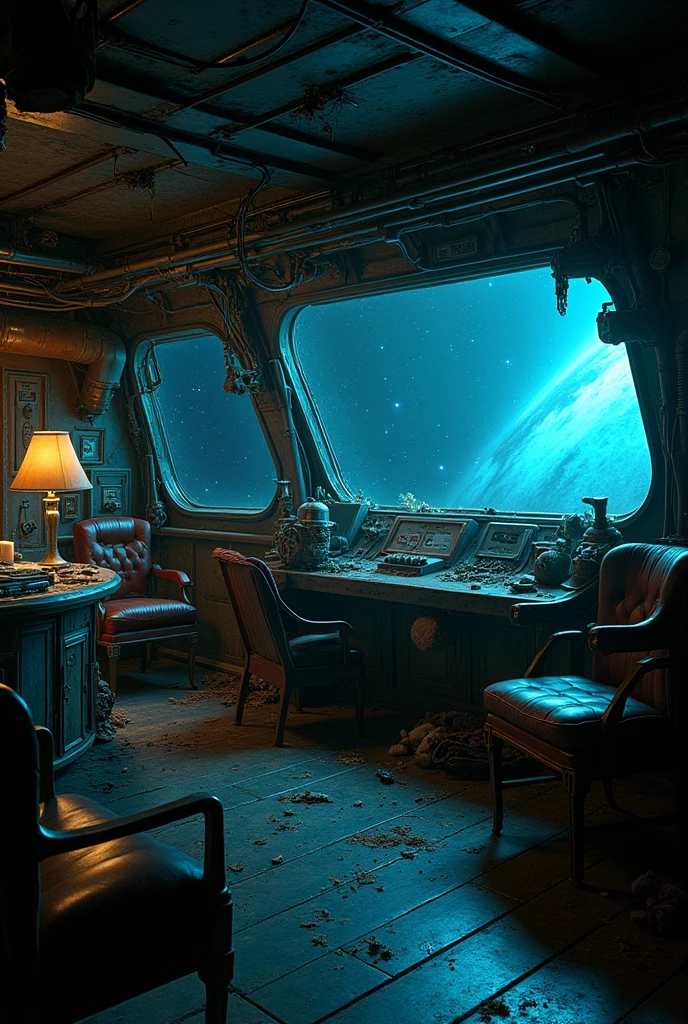 dark sci fi space ship interior nostromo style messy retro futurism realistic cockpit bridge