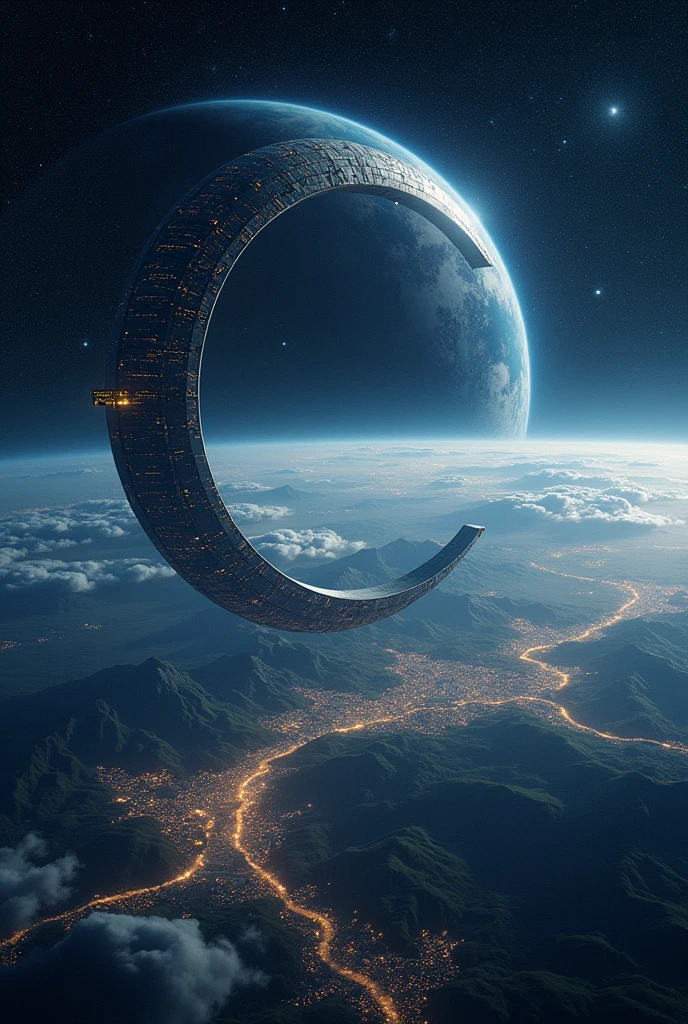 The distant future of planet Earth. Size 1/4 the entire planet in the shape of a crescent moon a giant space station flies. Flying over that part of the earth, where it's night now. It has all the same things, as on Earth - cities, nature, Mountains & Seas. Turns out to be the second floor of the planet. This station is fixed at the north and south poles of the planet by its edges. Detailed Terrain. Detailed space
