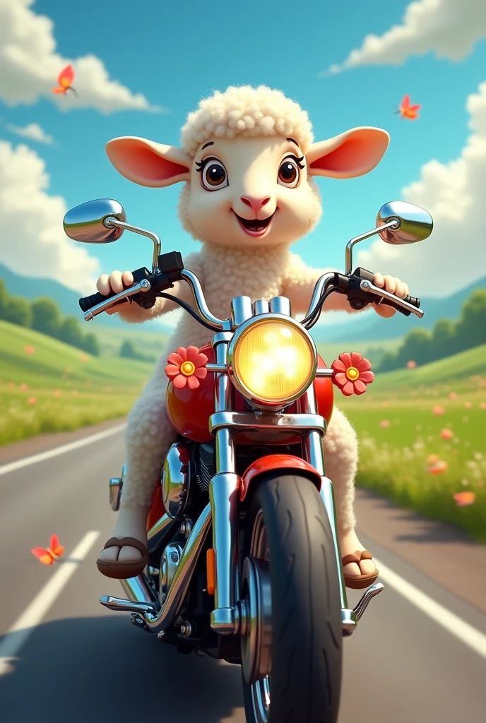 Animated lamb on top of motorcycle viewed from the front 
