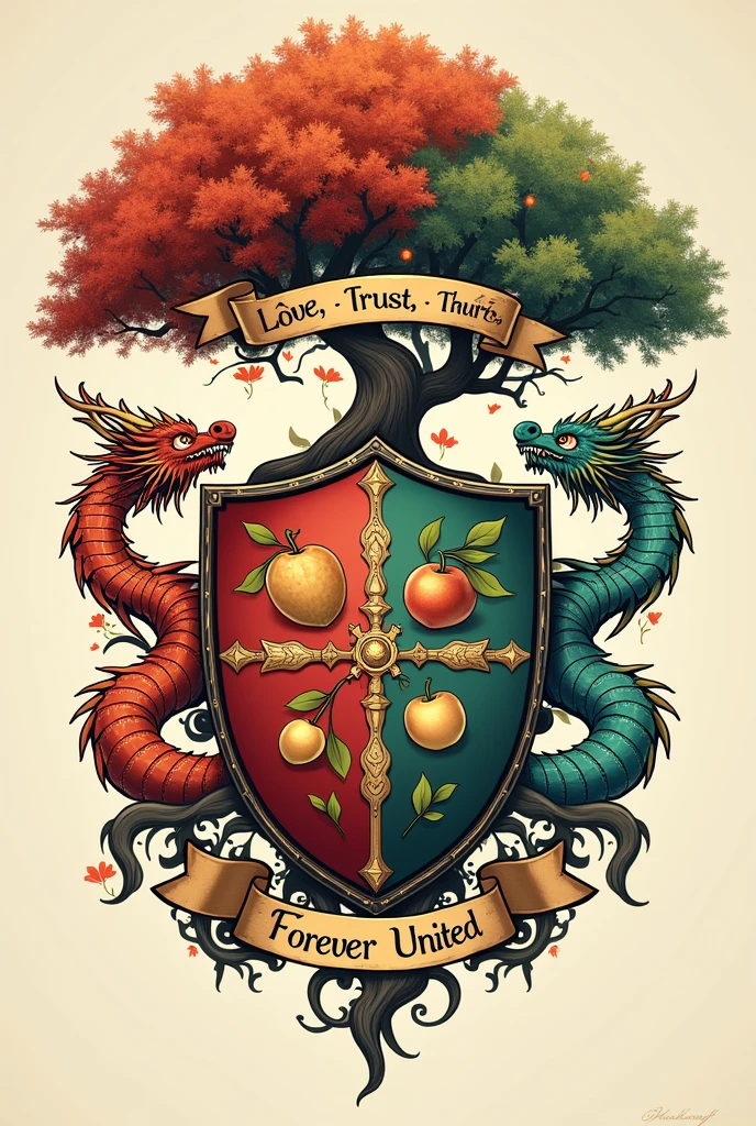 Voici un prompt que vous pouvez utiliser pour créer votre logo ou armoirie avec une IA :

"Create a family crest or logo representing unconditional love, trust, and the strong bond of a family of four (father Hugues, mother Hélène, son Marcus, and daughter Alix) inspired by the style of 'Raya and the Last Dragon.' The design should feature:

- A heart-shaped or shield-like crest symbolizing love and protection.
- A central tree with four main branches, each representing a family member. Each branch has symbolic elements (flowers, fruits) representing each person (e.g., a flower for Alix, a fruit for Marcus).
- Surrounding the tree, decorative banners with words like 'Love,' 'Trust,' 'Unity,' and 'Family' written in a stylized font inspired by Asian art.
- Stylized dragon motifs surrounding the crest, symbolizing strength and mutual protection.
- Use warm colors like red and gold for love and value, along with green and blue shades to represent life, harmony, and unity.
- Optionally, include the names of the family members under each branch or a family motto like 'Forever United' or 'Bound by Love' at the base of the crest."

This prompt should guide the AI to create a meaningful and visually appealing design that captures the essence of your family.
