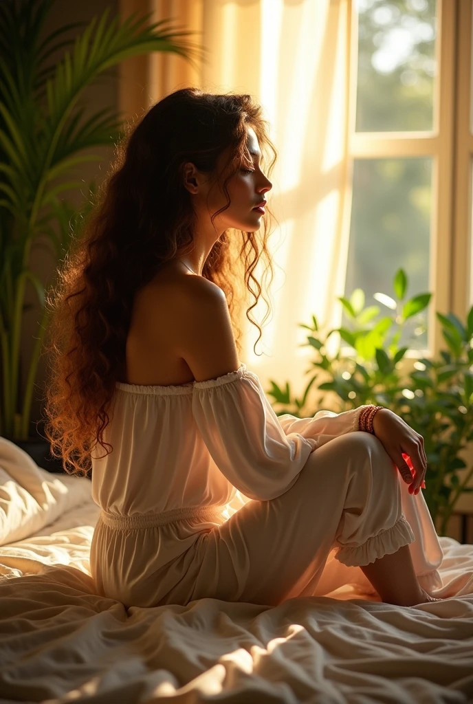 (photorealism:1.2), beautiful woman, sitting on bed, wearing loose off-shoulder top, pajama pants, long curly hair, indoors, soft lighting, plants in background, window with sunlight, cozy room, relaxed pose, realistic, intricate details, warm colors, by Greg Rutkowski, by Alphonse Mucha