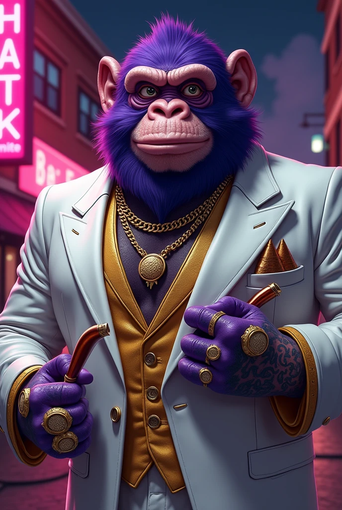 Purple simio wearing gold chains and rings, large , tattooed , in a white gangster suit smiling with a pipe in his hand