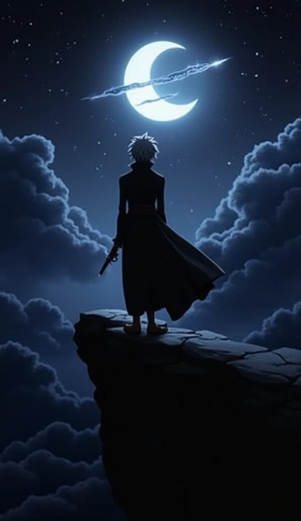 one piece,ベン•Beckman,cool,Dark Background,Crescent Moon,lightning,He has a gun,Grey Hair,Beckman,Standing alone on a cliff