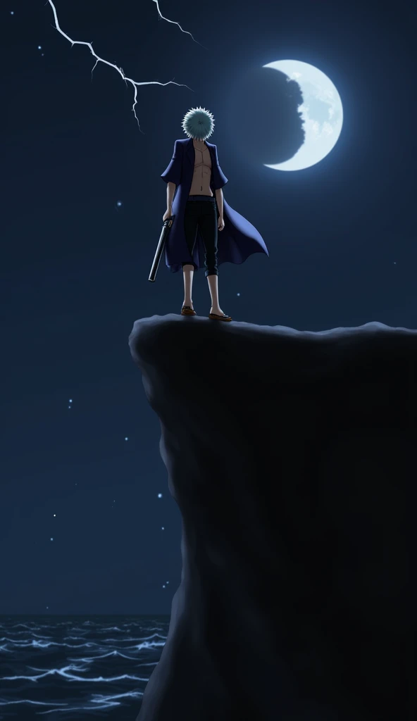 one piece,ベン•Beckman,cool,Dark Background,Crescent Moon,lightning,He has a gun,Grey Hair,Beckman,Standing alone on a cliff