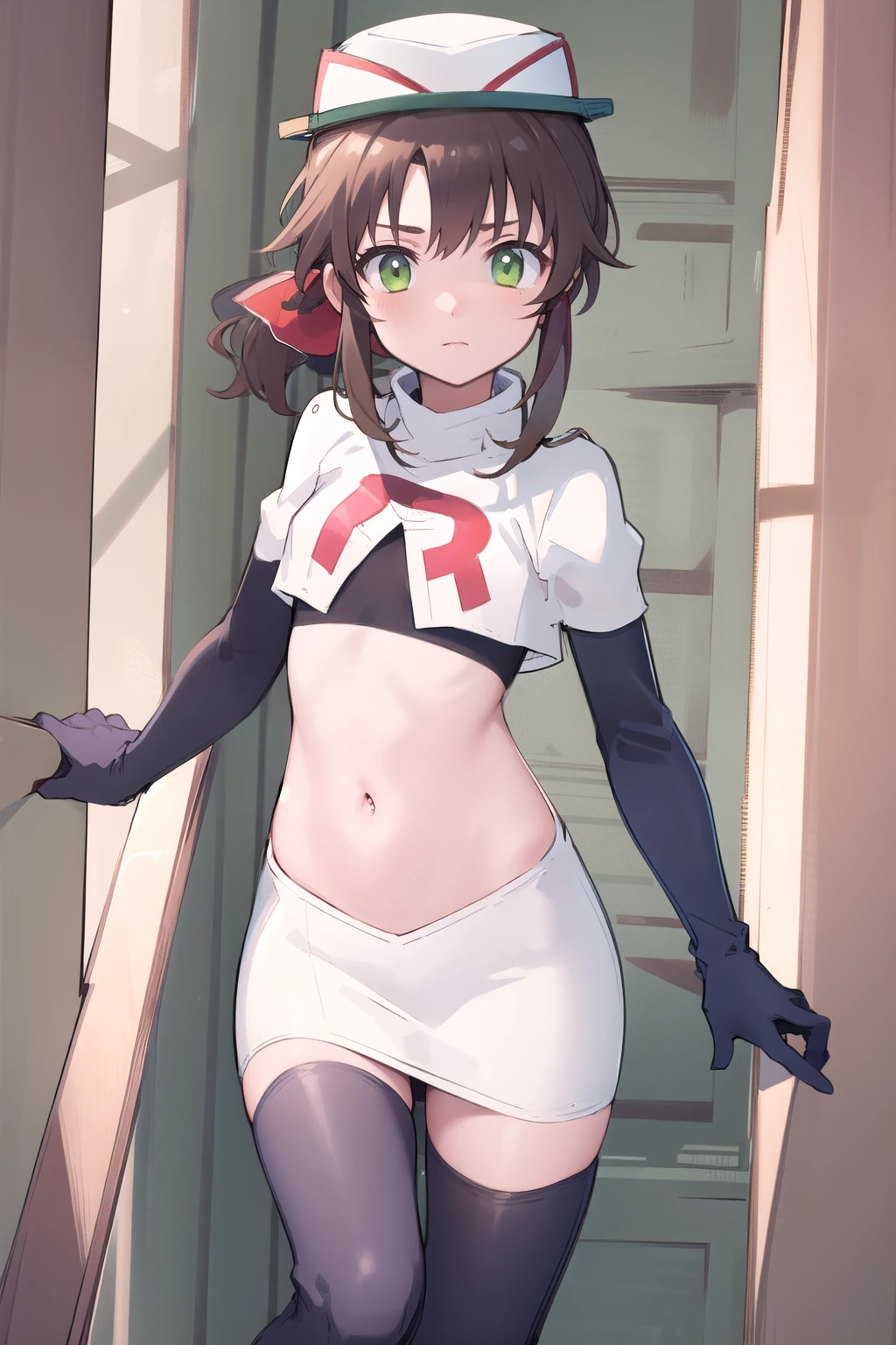 best quality, (masterpiece:1.2), illustration, absurdres,
(1girl), (solo), (beautiful detailed girl),
Towa Herschel, brown hair, ponytail, hair ribbon, green eyes, , small, short, flat chest, small breasts,
white hat, headwear,
team rocket,team rocket uniform,white skirt,red letter R,crop top,black thigh-highs,black elbow gloves,
looking at viewer, 
