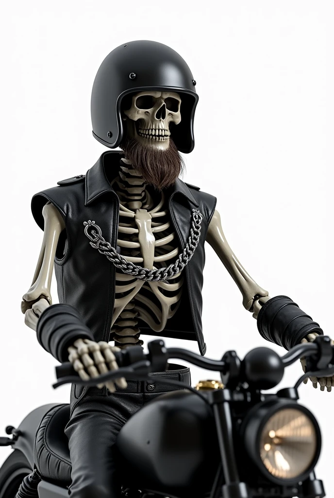 3d type image in drawing, Caveira with a beard, black open face motorcycle helmet, skeleton body, open black leather vest, silver soldier-style cord, sitting on a low black motorcycle with high handlebars with a white background.