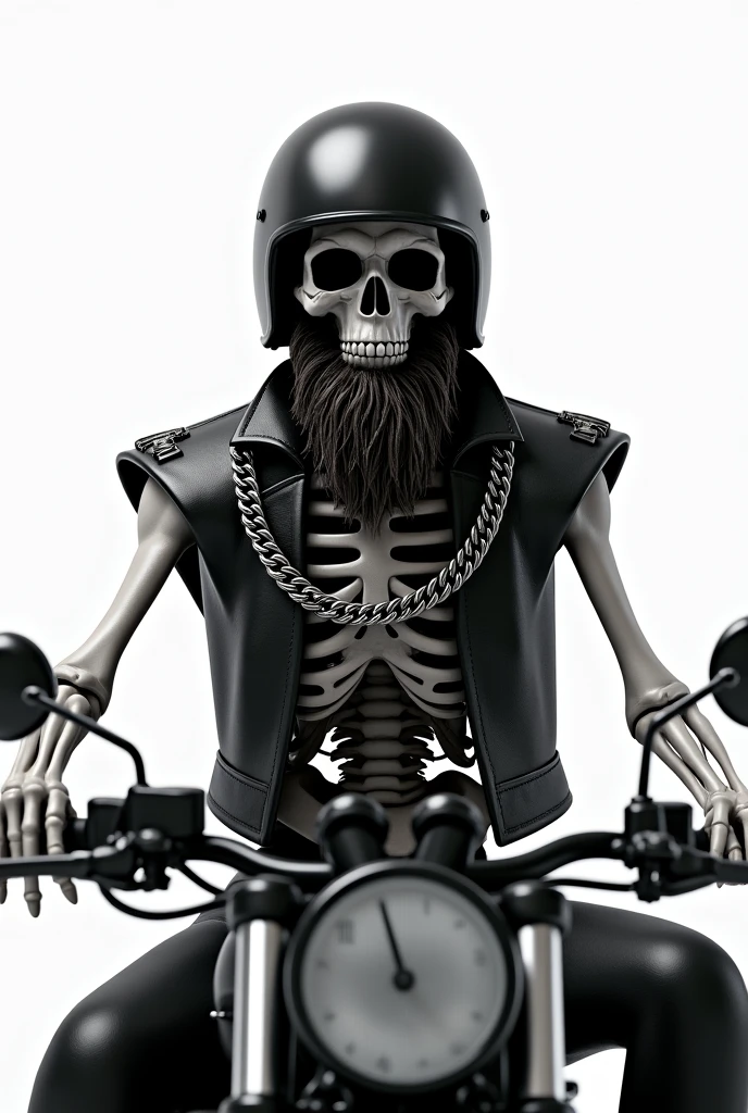 3d type image in drawing, Caveira with a beard, black open face motorcycle helmet, skeleton body, open black leather vest, silver soldier-style cord, sitting on a low black motorcycle with high handlebars with a white background.