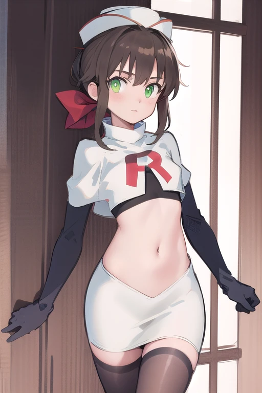 best quality, (masterpiece:1.2), illustration, absurdres,
(1girl), (solo), (beautiful detailed girl),
Towa Herschel, brown hair, ponytail, hair ribbon, green eyes, , small, short, flat chest, small breasts,
white hat, headwear,
team rocket,team rocket uniform,white skirt,red letter R,crop top,black thigh-highs,black elbow gloves,
looking at viewer, 
