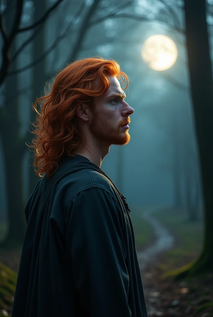 A realistic photograph of a handsome redheaded man standing naked in the moonlight
