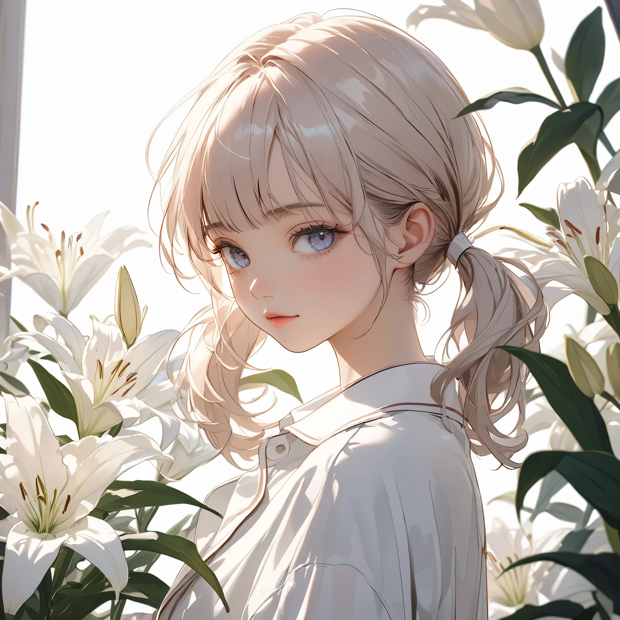 ((Masterpiece)), ((best quality)), (sketch), ((wide shot)), (super detail:1.2), (High Definition:1.3), ((extremely detailed)), (8K), (Professional Photography:1.2), (very aesthetic:1.2), (absurdres:1.2), (sharp focus), (perfect light), (drop shadow), ((1girl)), ((teenage girl)), looking at viewer, (Close-up of lilies), beautiful white background showing lily picture, Splendid white lilies in full bloom, ((Beautiful many Lilies)), details of the petals are delicate and gorgeous, cute ribbon, platinum-gold hair, (loose blunt bangs), (medium hair), ((loose knotted short pigtails)), cute face, Healthy skin, (Healthy slim body), sad face, (cute cheeks), glossy lips, pouty lips, bags under the eyes, (lower eyelashes), (detailed background:1.2), newest, clear line, (pale pink bottoned shirts),