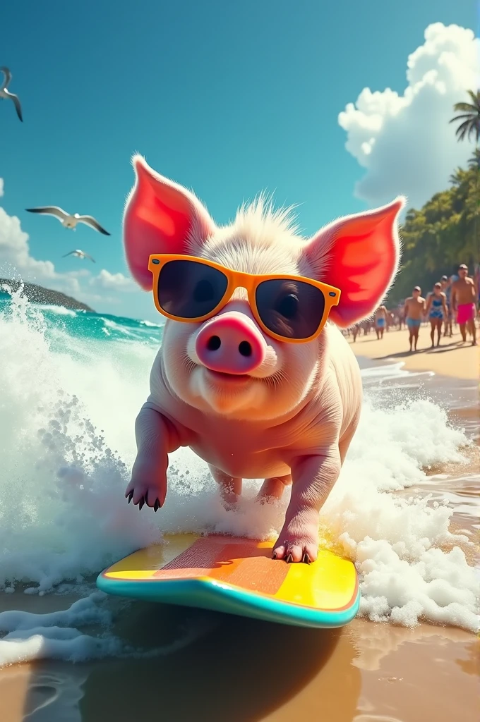 A pig wearing sunglasses is surfing on the beach
