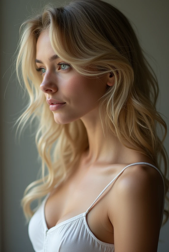 Photo side view,(8k, photo brute, best quality, head of&#39;artwork:1.2),natural lighting, chest,(real human skin,finely detailed skin:1,4),Photo du haut du corps,((wavy hair, cheveux blonds, transparent fringe:1,6)),chemise blanche,