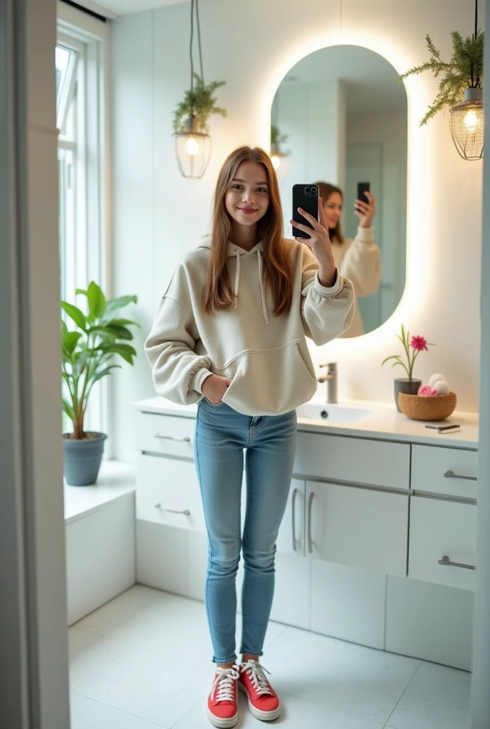 Realistic photo of a teenager wearing shopping clothes taking a selfie in the bathroom mirror