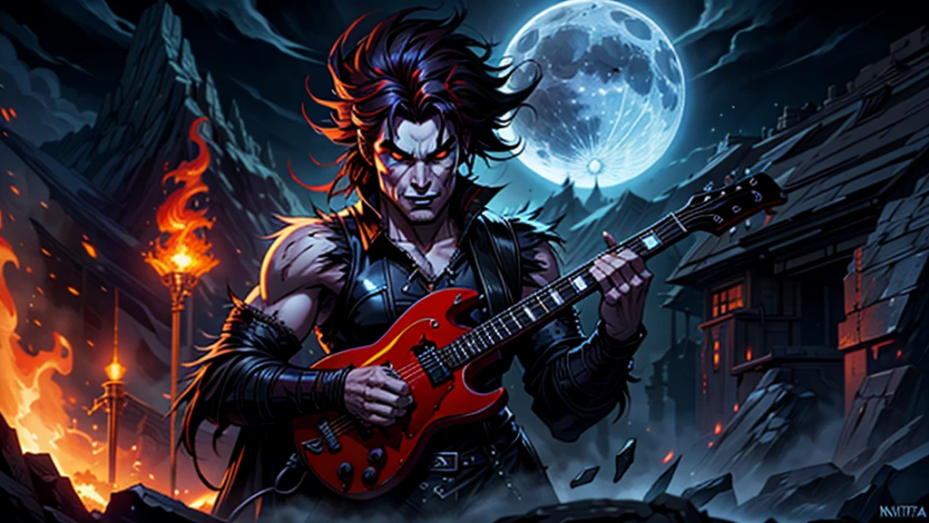 Create a surreal and haunting high fantasy image of a male vampire in a rockstar jacket, "Kaelin Darkshadow", playing a flaming guitar while battling a horde of demonic creatures in a mystical, neon-lit arena. called 'Lunar Fang', is a legendary musician who sold his soul to the devil for unparalleled musical prowess. His music has the power to summon spirits and his guitar solos can shatter the very fabric of reality.  background castle in fire purple
