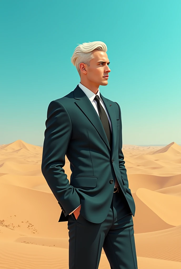 27 year old man with short white hair looking like a tall military man with different colored eyes wearing a suit in the desert