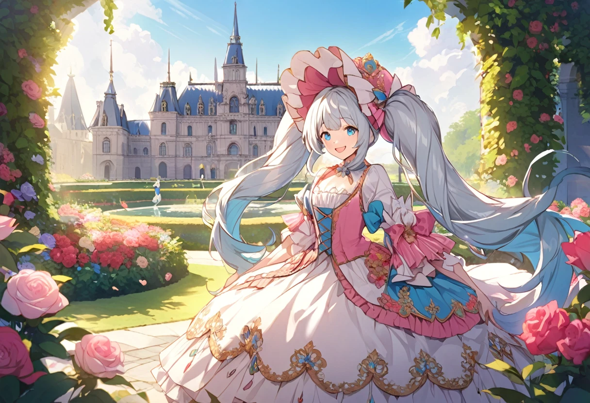 Light blue long hair、Beautiful girl with twin tails、Marie Antoinette costume、Magnificent imperial attire、Bright smile、The vast gardens of a grand castle