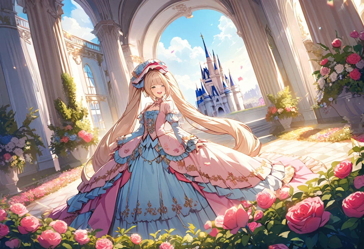 Light blue long hair、Beautiful girl with twin tails、Marie Antoinette costume、Magnificent imperial attire、Bright smile、The vast gardens of a grand castle