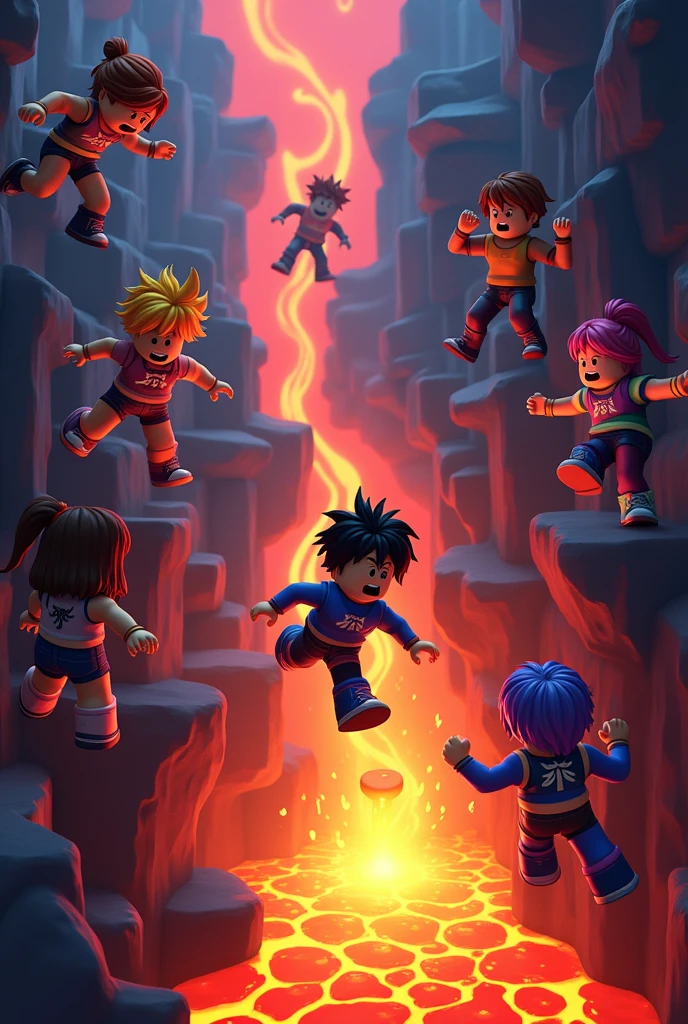 Roblox characters are trapped in a box doing an Obby and the lava is rising and the Roblox characters have to escape from the lava and some Roblox characters are falling down to the lava