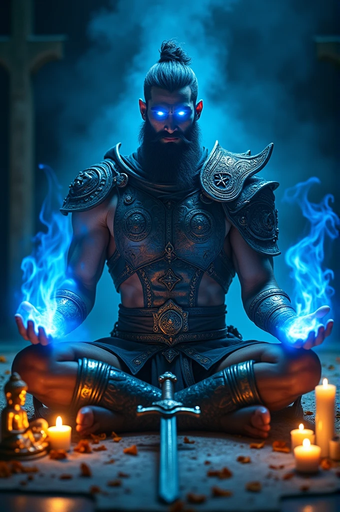 Warrior in meditation posture and his sword beside him, Blue light emanates from his eyes and blue flames from his hands, Surrounding candles and an image of a golden Buddha on the left 
