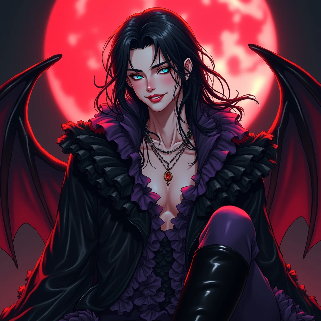 A sexy young male, long black hair, and teal-blue eyes. Gothic clothes. (Male) (no facial or body hair)) masterpiece, best quality, ultra-detailed, best shadow), (detailed background) (purple and black) pretty handsome. Sexy Cute. No facial hair. No body hair. Wink. Seductive. Sexy. Pale and white skin. Smirking. Anime style. Blood. Vampire. Sexy. Death note style. Pink lips. SENSUAL. Purple and black gothic frilly clothes. Long lashes. Sexy pose. Crossing legs. Love. Shiny. Vampire Prince. Bottom angle. Seductive. Male. Bottom angle. Shiny. Long boots. Delicate facial features. Red moon. Fangs. Black wings.