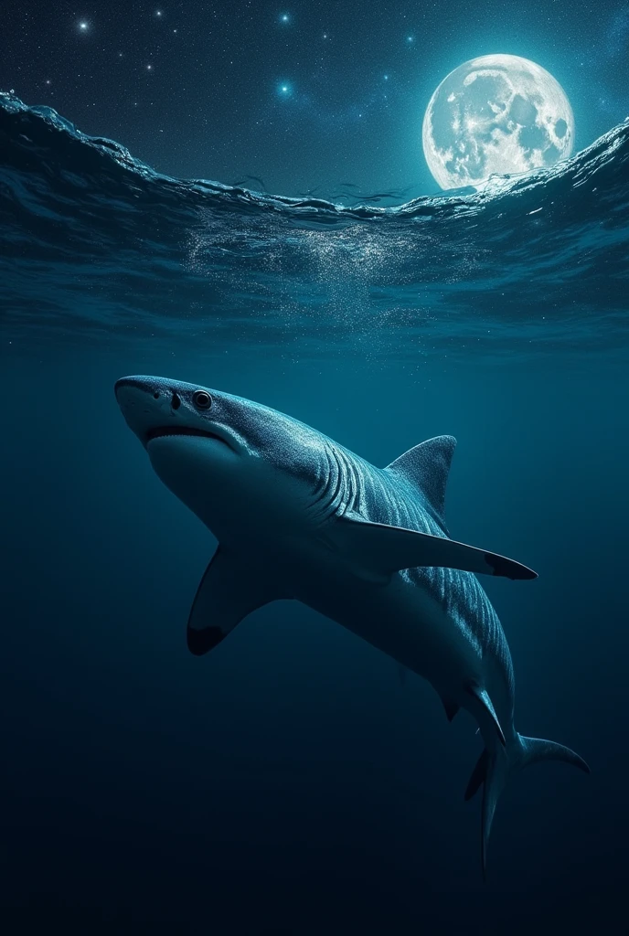 A shark on a dark and starry night in the sheet and from where the stars in the background a giant megalodon in great spirit.