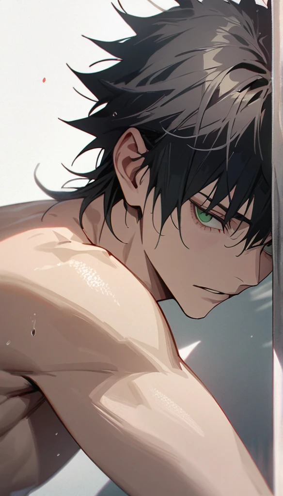 Absurd, High resolution, Super detailed, High resolution, masterpiece, Highly detailed face and eyes, Megumi Fushiguro, Black Hair, expressive green eyes, JUJUTSU KAİSEN, alone, Sexy man, good looking, nude