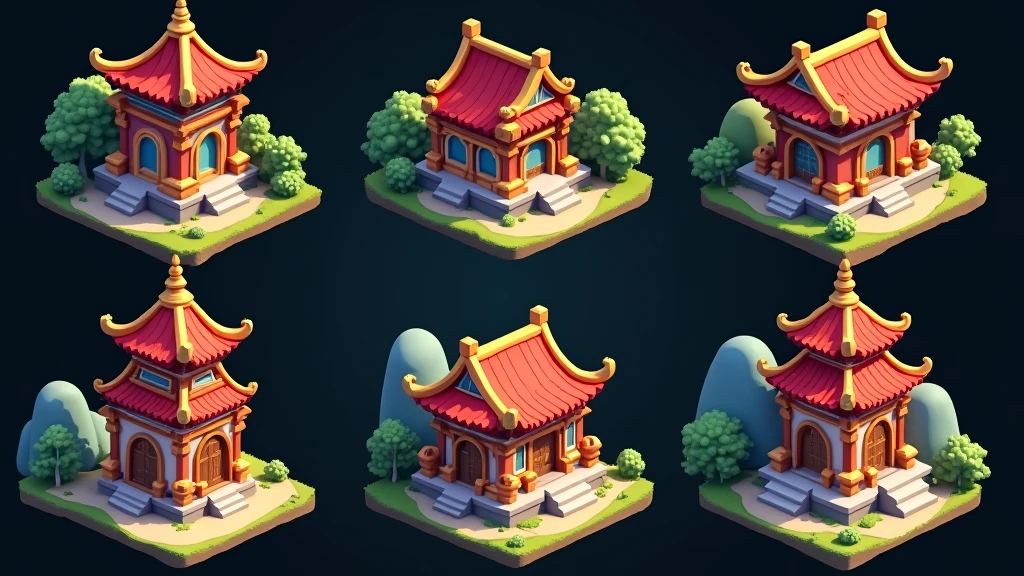 a close-up of a set of six different temple buildings with red roofs, game assets, stylized game art, game icon feature, game asset, stylized concept art, isometric game asset, painted as a game concept art, mobile game asset, isometric art of the 2d game, Small buildings, 2 d game assets, isometric game art, 2d game asset