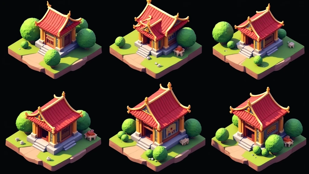 a close-up of a set of six different temple buildings with red roofs, game assets, stylized game art, game icon feature, game asset, stylized concept art, isometric game asset, painted as a game concept art, mobile game asset, isometric art of the 2d game, Small buildings, 2 d game assets, isometric game art, 2d game asset