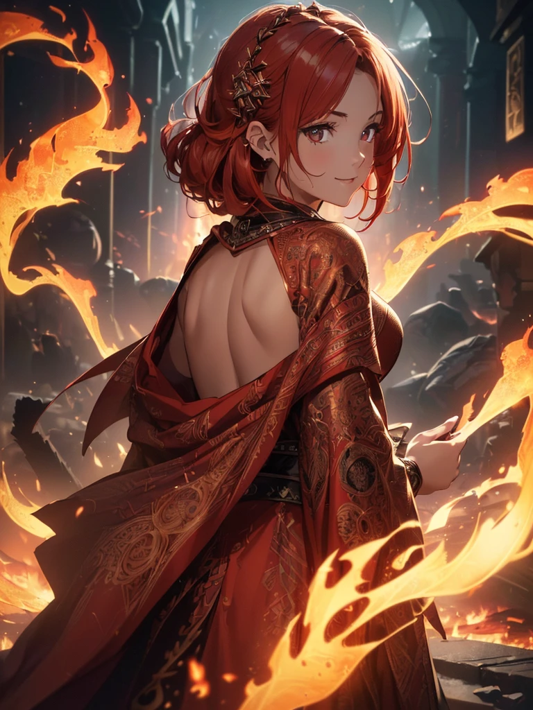 (((best quality, sharp image, clear image, cinematic lighting, 8k resolution, masterpiece, ultra detailed, intricate))) Girl, ((shot from behind)), ((close up)), look at viewer, fire mage, ((intricate background)), ((chaotic background)), red hair, smiling, ((flame runes, flame sigils)), (tatoo on back), slim figure, flying sigils, long dress, cute