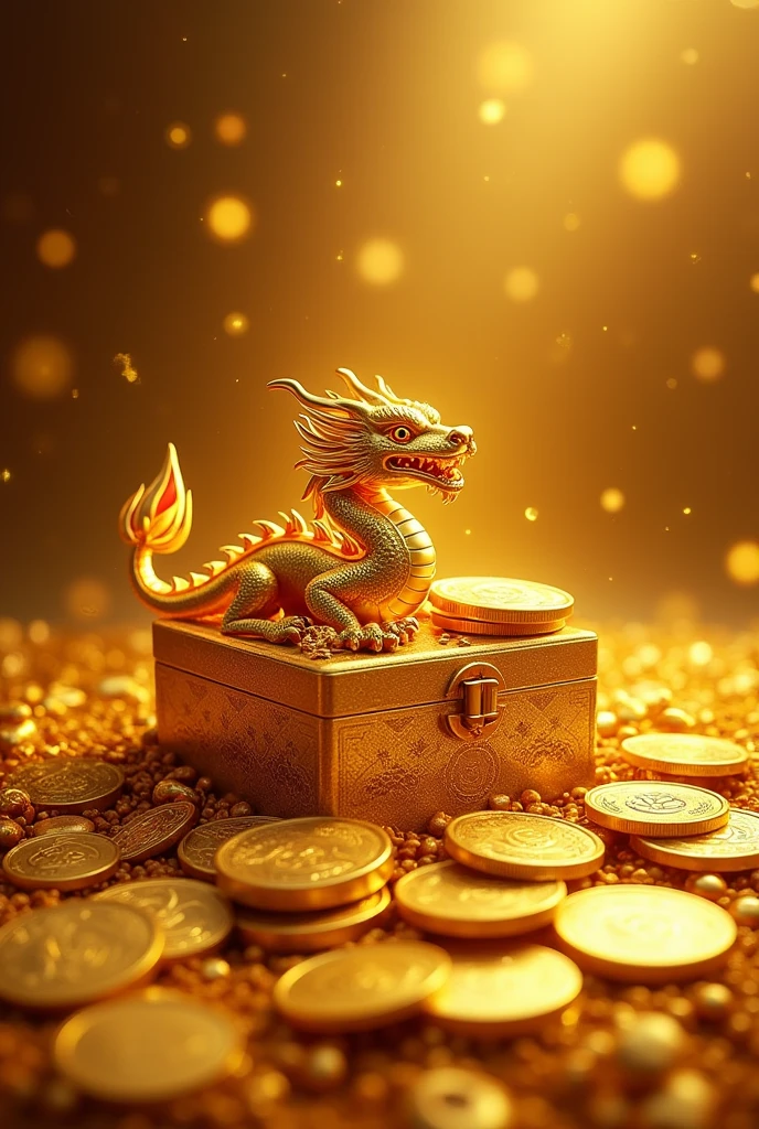 A powerful and elegant wallpaper for a mobile phone, featuring archetypes of prosperity and wealth. In the foreground, there are symbols like a golden coin, a treasure chest filled with jewels, and a majestic dragon rising, representing fortune and wisdom. The background is rich and dark, with an intricate pattern of flowing lines and subtle hints of luxurious textures. Golden details highlight key elements, giving the image a regal and opulent feel. The overall color scheme revolves a