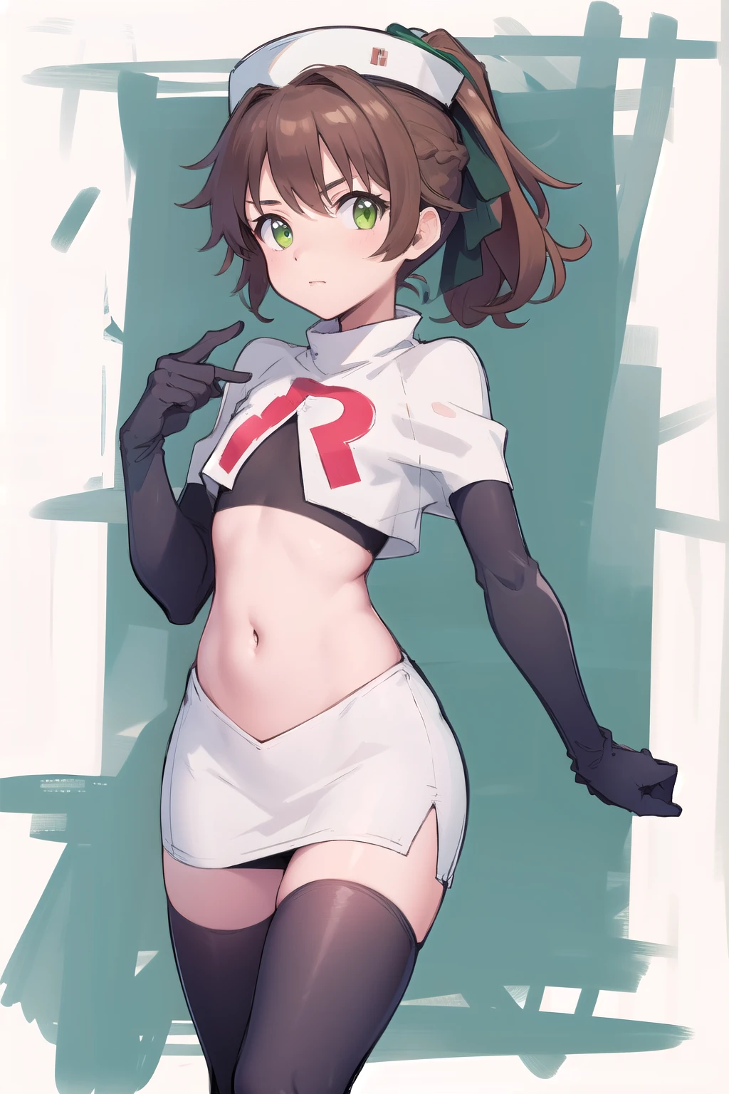 best quality, (masterpiece:1.2), illustration, absurdres,
(1girl), (solo), (beautiful detailed girl),
Towa Herschel, brown hair, ponytail, hair ribbon, green eyes, , small, short, flat chest, small breasts,
white hat, headwear,
team rocket,team rocket uniform,white skirt,red letter R,crop top,black thigh-highs,black elbow gloves,
looking at viewer, 
