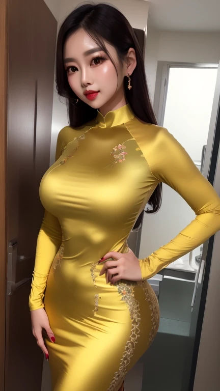 Beautiful Thai woman, Thai clothing, (((8k UHD photos, high quality UHD photos))), (((super detailed and super clear images))), Close-up full body of a Vietnamese girl with a beautiful face and balanced body, round face, eyes big and round, charming smile, red lips, long curled eyelashes, big dimples, pointed chin, chubby face, her face looks like Tuyet Linh, tall and plump figure, she wears bright yellow satin and shiny ao dai,