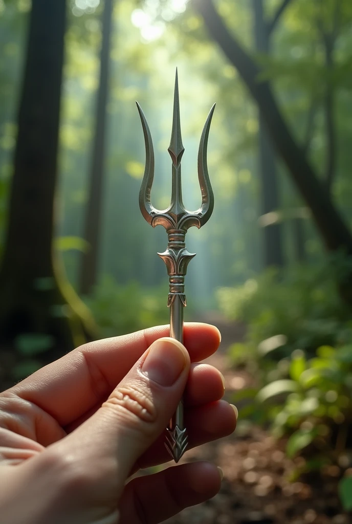 WHITE TRIDENT KEYCHAIN with three pointed thorns. Well detailed and being held by a human hand with 5 fingers. background forest.