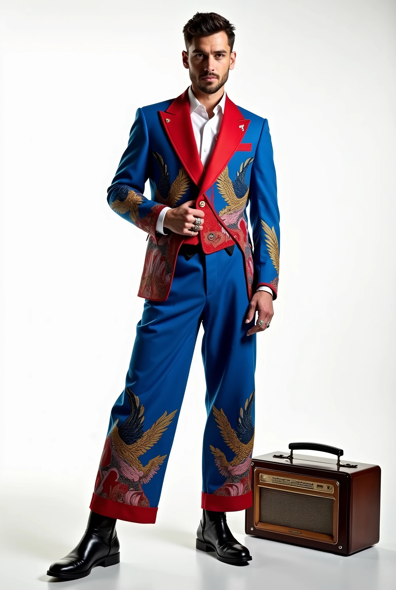 american model man wearing blue red suit with lot of american eagle pattern , ,((holding her vest in her hand)) , overr size pants , posing for photo , cinematic , white background , rings , high boots , white shirt , full body , old big radio