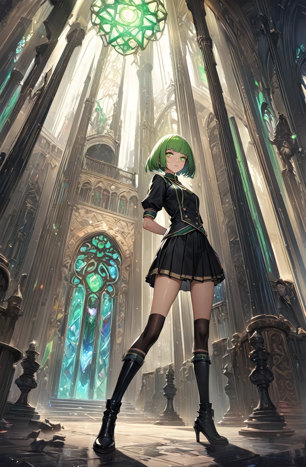 [(with a cathedral background:1.4)::5],original,(shape:1.1),(highest quality),(Tabletop:1.1),(Highly detailed CG Unity 8k wallpaper:1.1), (colorful:0.9),(Mid Shot:0.95),(very detailed beautiful whole body),Dynamic Angle,(alone:1.2), (girl),(((Adult))), (Beautiful eyes in every detail:1.15), (Beautiful Face:1.15), (Glowing green eyes:1.25////),(Gemstone Eyes),(Green Short Hair),(Blunt bangs),((The girl wear a black knight uniform)),Realistic,, girl,Green Hair,((Black long boots)), Black mini skirt,Black knee socks(rage),(Contempt and contempt),rage,(beautiful slender girl),((Adult)),((whole body)),Valkyrie, Decorations,((Thin legs)),((slender girl)),Front Angle,Front Angle,