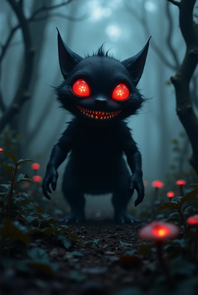 A totally black creature with bright red glowing eyes and a wide grin with small teeth, noescuro
